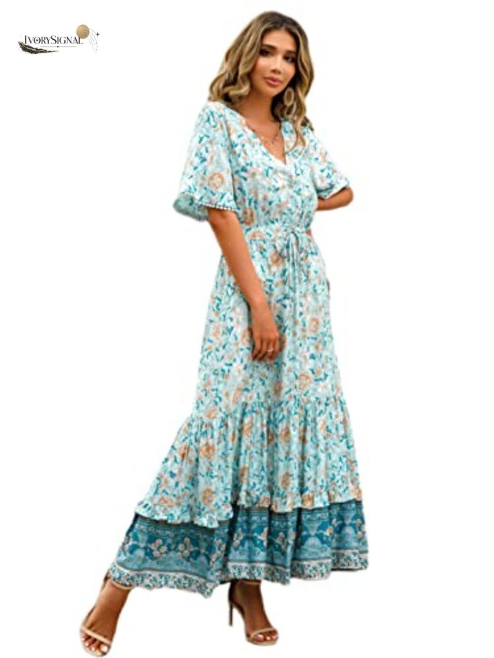 R.Vivimos Rayon Cotton Floral Print Boho Midi Dress V-Neck Short Sleeve